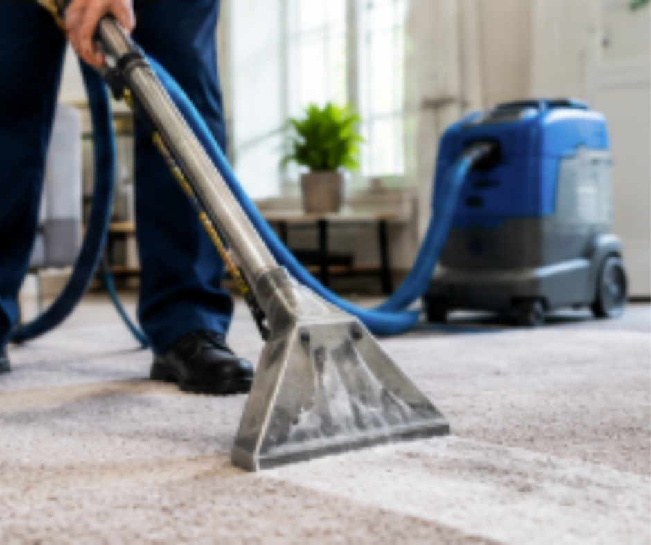 Professional cleaner using a carpet cleaning machine to remove stains from a carpet in a Melbourne home