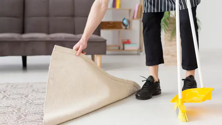 Professional rug cleaning service removing dirt from a rug in a modern home